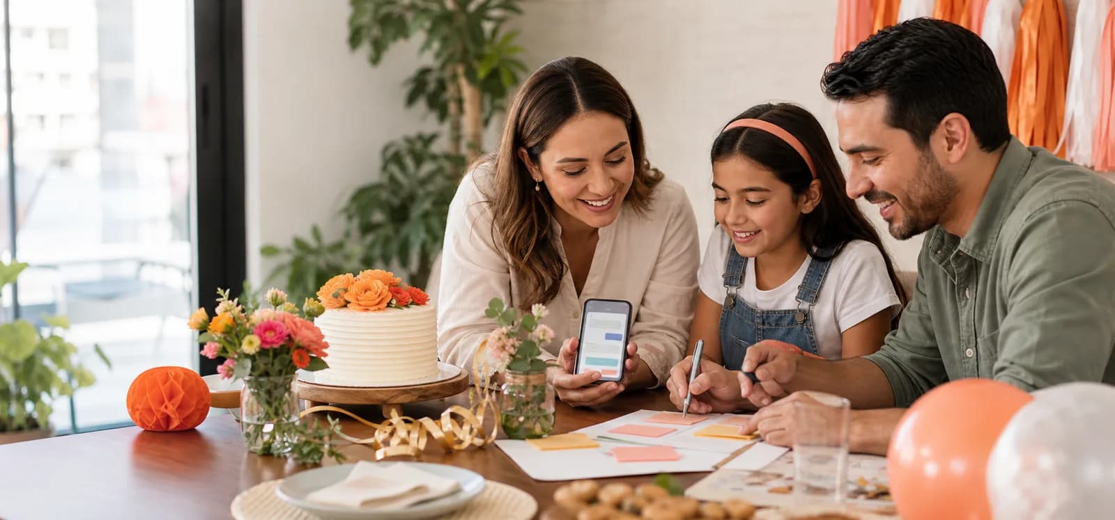 Familia planeando una fiesta con pastel, flores y un celular para cotizar