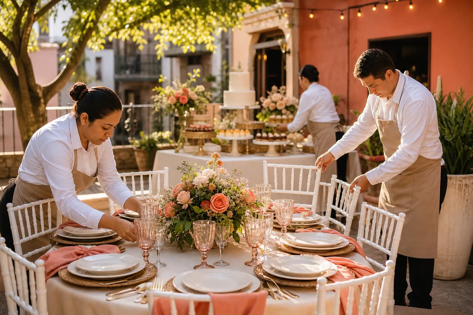 Proveedores preparando una mesa de evento con flores, postres y montaje